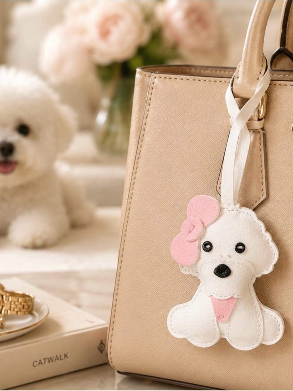 New Cute Faux Leather Bichon Frise Dog Bag Charm